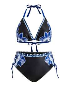 Swim Oasis Plus Size Women 3pcs/Set Floral Print Separate Swimsuit With Short Sleeve Kimono Cardigan, Fashionable Casual Resort Outfit For Summer Beach Vacation - Multicolor - View 8