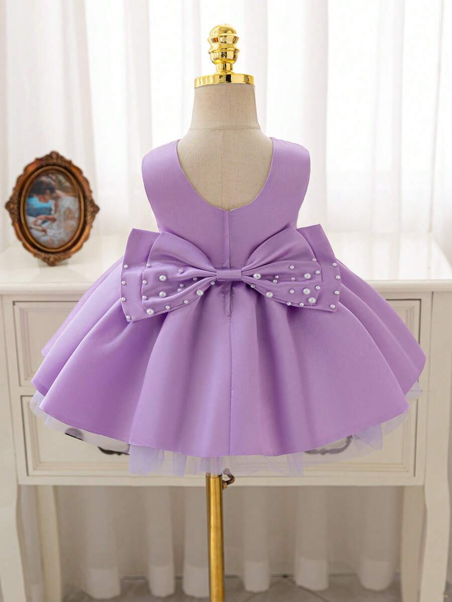 Glamorique Kids 圣诞派对装白色圣诞老人礼服薄纱女童公主裙，优雅白色婚礼花童礼服，手工串珠大蝴蝶结，生日派对公主裙 - 紫色 - 查看 1