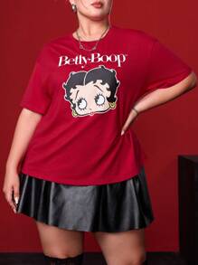 Betty Boop x SHEIN 夏季可爱锐舞音乐会度假海滩休闲波西米亚性感优雅复古Y2K酷炫红色大码字母和图案圆领短袖宽松T恤 - 紅色 - 查看 5
