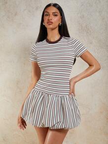 COSMINA Women's Striped Round Neck Short Sleeve Ruffle Hem Mini Dress Drop Waist Dress - Coffee - View 3