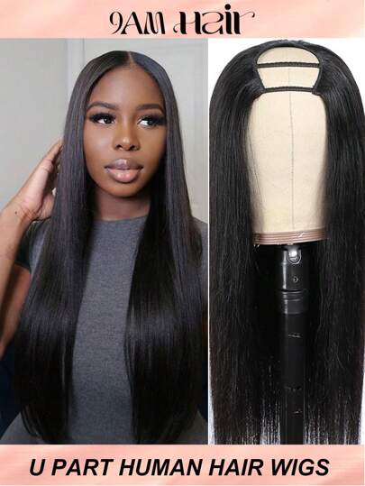 U Part Human Hair Wigs For Black Women Straight Beginner Friendly Unprocessed Brazilian Virgin Human Hair Wig Glueless Hair 150% Density Natural Color