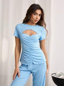 SHEIN Women's Hollow-Out Ruffle Trim Front Pleat Loungewear Set