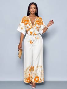 SOLERSUN Women's Spring/Summer Vacation Style Floral Print Butterfly Sleeve Crop Blouse & Wide Leg Pants Two Pieces Set - Orange - View 6