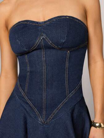 SHEIN BAE Boho Strapless Sweetheart Neckline A-Line Resort Denim Mini Dress, Women's Denim Dress, Bodycon Dress, Summer Outfits, Summer Dresses For Women, Sexy Dresses And Bandeau Dresses,Rave Outfits,Y2k Clothes,Vacation Dress,Puffy Dress, Night Out