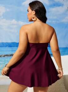 Slaydiva Plus Size Solid Color Bandeau Bikini Set With Swim Skirt For Summer Beach Vacation - Burgundy - View 2