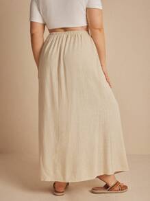 Elaquor Plus Size Fall Women Clothes,Women Solid Color Simple Drawstring Waist Skirt - Khaki - View 5