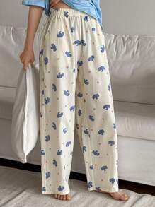 DAZY Cute Elephant Pattern Allover Print Loose Straight Women Pajama Bottom - Beige - View 6
