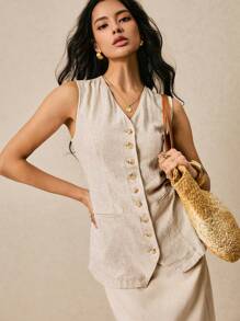 Poéselle 1pc Women's Solid Color Single-Breasted V-Neck Sleeveless Casual Shirt - Apricot - View 7