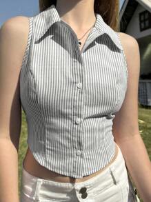 SHEIN EZwear Gray Striped Sleeveless Casual Woven Shirt For Women - Grey - View 3