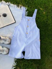 SHEIN 1pc Young Boy Casual Stylish Overalls, Adjustable Button Striped Comfortable Woven One Piece Jumpsuit, Suitable For Holiday, Travel, Relaxing, Summer Getaway - Blue - View 5