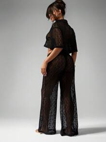 MISSGUIDED Set a due pezzi all'uncinetto da spiaggia e resort, con pantaloni a gamba larga e camicia con bottoni, abbigliamento da spiaggia, copertura costume da bagno, per piscina, festival, vacanze