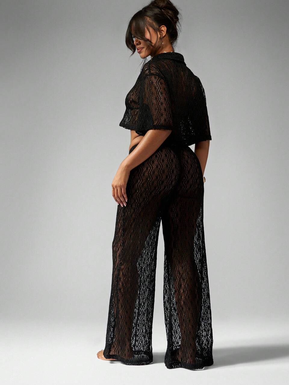 MISSGUIDED Beach Resort Crochet Two-Piece Set Wide Leg Pants Button Up Shirt Summer Cover Up Beachwear Pool Party Festival Holiday Swimsuit Cover Up Resort Wear