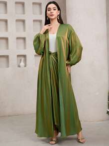 Veilorie 2 件套：金属线花卉印花透明和服，配金属丝带饰边，内配金属腰带和 A 字形吊带裙，朦胧蓝色 - 綠色 - 查看 6