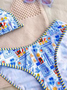 SHEIN Teen Girls 2pcs/Set Seaside Vacation Blue And White Summer Random Color Print Spaghetti Strap Top & High Cut Bikini Bottom Set,Summer Beach, Suitable For Summer