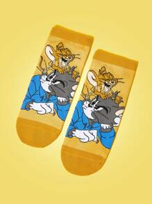 TOM & JERRY X SHEIN 1 Pasang Kaos Kaki Pendek Wanita Motif Kartun Warna Kontras Modis - Kuning - View 2