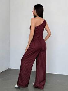 SHEIN Unity 2 件套女士休闲卡其色条纹不对称肩部设计 - 酒紅色 - 查看 2