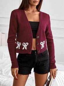 EURMUSE V-Neck Burgundy Knit Cardigan With Contrast Bow Intarsia, Button-Up Front, And Ribbed Cuffs & Hem,Cardigans For Women,Long Cardigans Woman,Petite Cardigans,Cardigans - Burgundy - View 1