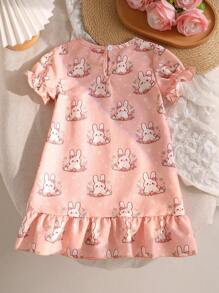 Baby Girl Pink Floral & Rabbit Print Round Neck Short Sleeve Long Nightgown Loungewear - Pink - View 2