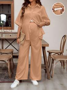 SHEIN 2pcs Maternity Solid Color Half Sleeve Shirt & Adjustable Waist Pants Casual Set - Khaki - View 3