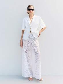 LYSMO Women Solid Color Lapel Neck Half Sleeve Single-Button Loose Casual Blouse - White - View 1