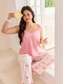 SHEIN Plus Size Solid Color Cami Top And Printed Pants Pajama Set, Outfits  Cozy And Elegant Details - Pink - View 6