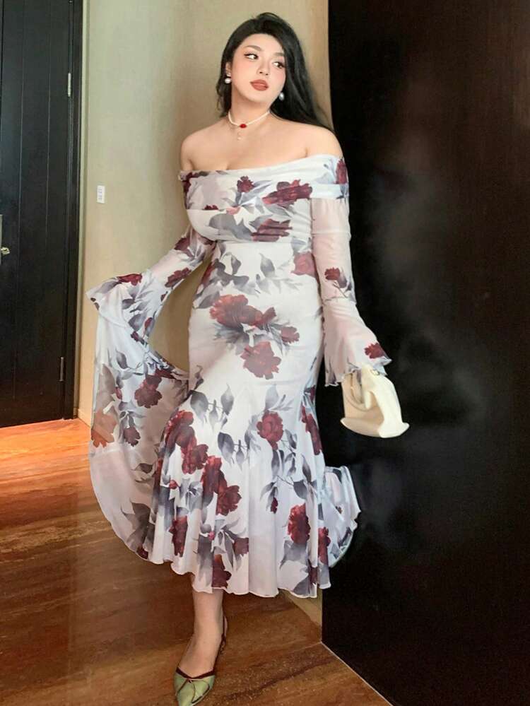 Dazy Plus Plus Size Flower Print Mesh Off Shoulder Flare Sleeve Mermaid Hem Dress, Spring/Fall DrapedDress Party Women Dresses Floral Milkmaid Dress,Ruffle Long Sleeve Dress Maxi Dress