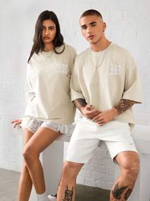 Manfinity VCAY Gender Neutral Casual Knitted Embroidered Pattern Oversized Drop Shoulder Crew Neck Short Sleeve T-Shirt, Suitable For Daily Wear - Apricot - View 5