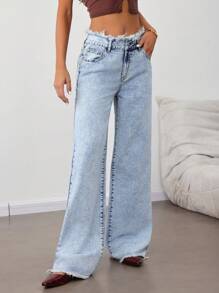 SHEIN Tall Damen blaue figurbetonte Jeans, modisch für den Sommer, Damen Lässig Sommer Jeans mit niedriger Taille, Jeans für große Frauen, weite Hosen, Sommerhosen für Frauen, Jeans mit weitem Bein, Sommerhosen für Konzerte, Jeans für große Frauen - Helle Waschung - Übersicht 5