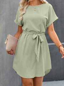 SHEIN Clasi Đầm xòe tay ngắn cổ tròn cánh dơi màu trơn cho nữ - Màu xanh Bạc hà - Xem 3