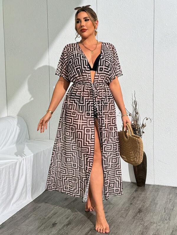 Swim Oasis Kimono de talla grande con estampado floral, adecuado para vacaciones