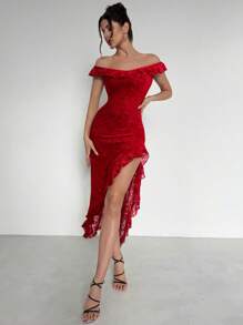 Firerie Đầm dài lưới phủ nhung hở vai thanh lịch và lãng mạn tối giản cho nữ, thích hợp cho ngày lễ tình nhân, hẹn hò, tiệc tùng, kỳ nghỉ - Màu Đỏ Sâu - Xem 4