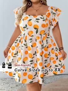 SHEIN CURVE+ 大码女式柠檬水果印花甜心领泡泡袖 A 字迷你连衣裙，夏季波西米亚风度假风格