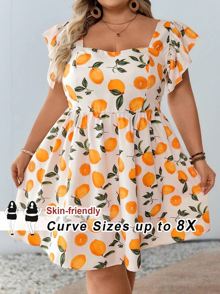 SHEIN CURVE+ Vestido mini de línea A con cuello corazón, mangas abullonadas y estampado de limón para mujer talla grande, estilo de vacaciones bohemio para el verano - Multicolor - Añade 10