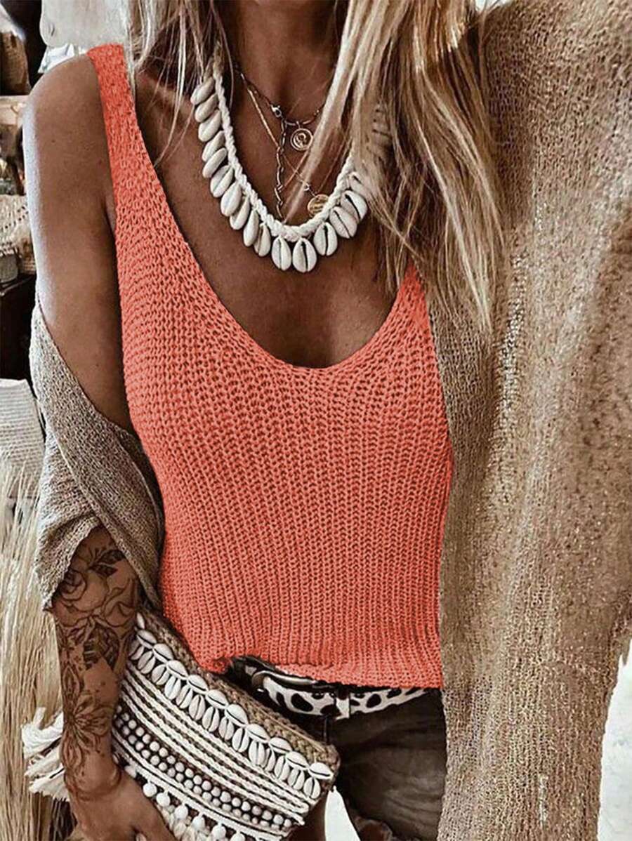 SHEIN Holidaya Áo len dệt kim cổ tròn không tay đơn giản cho nữ, mùa hè - trái cam - Xem 1