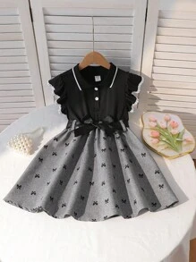 SHEIN Mädchen koreanische Version Sommer Neu Elegantes Prinzessinnenkleid, Kleid mit Polokragen, Puffärmeln, Patchwork, Schleife und weitem A-Linien Rock - Schwarz - Übersicht 1
