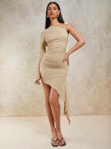 COSMINA Women's Elegant Khaki Knitted Asymmetrical Neck One Sleeve Ruched Short Dress With Asymmetrical Hem - Khaki - View 4