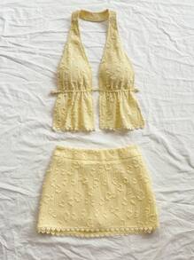 Soleia Bộ 2 món đồ vải họa tiết hoa mùa hè cho nữ, hở eo, buộc dây màu vàng, dùng cho tiệc tùng, đêm hẹn hò gợi cảm, kỳ nghỉ, lễ hội âm nhạc, phong cách Boho - Màu vàng - Xem 6