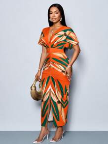 SOLERSUN Women's Elegant Printed V-Neck Split Thigh Bodycon Party Dress For Spring/Summer Holiday - Orange - View 6