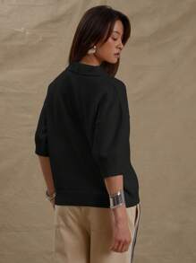 MUSERA Knit Boxy Fit V Collared Elbow Length Sleeve Baggy T-Shirt Street Style Oversized Tee Airport Holiday Fall Back To School Autumn  Elegant - Black - View 6