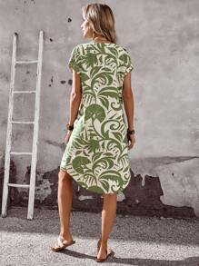 EMERY ROSE Women's Summer Casual Short Sleeve V-Neck ,All-OverPrint Button Front Mid-Length Vacation Dress - Multicolor - View 2