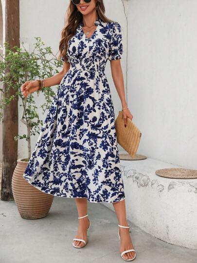 SHEIN Clasi Floral Allover Print Puff Sleeve Beach Dress, Vacation & Casual