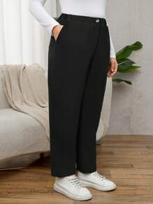 SHEIN LUNE Pantaloni in velluto a coste dritti, taglie forti da donna, colore cachi, adatti per l'inverno