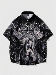 ROMWE MEN Goth 男士休闲圣玛丽和印花衬衫和短裤套装，夏季 - 彩色 - 查看 7