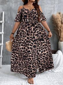 SHEIN VCAY Plus Size Women Leopard Print Open Shoulder Side Slit Hem Fashion Dress - Multicolor - View 5