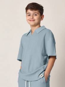 SUMWON Kids Textured Waffle Knit Polo Co-Ord Set Summer Beach Holiday Short Sleeve Athletic Sport Wear Leisure Outfit - Baby Blue - View 3