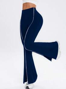 Easithlete 拼色腰带高腰开衩下摆喇叭运动裤 - 藏蓝色 - 查看 2
