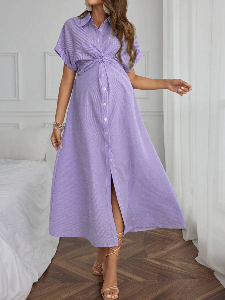 SHEIN Đầm bà bầu tay ngắn xẻ tà màu trơn thiết kế nút cài phía trước - Màu tím - Xem 1
