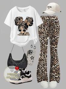 GraphicGems 2pcs/Set Tween Girls Leopard Print Short Sleeve T-Shirt And Pants - Multicolor - View 4
