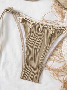 SHEIN Swim Women Seashell Print Textured Fabric Tie-Up Bikini Set, Beach Party Style For Summer Holiday - Khaki - View 5