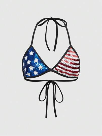 Grunge Punk American Flag Bikini Women's Concert Attire Sparkly Summer Tops Y2K Sequins American Flag Bralette Top, Music Festival Wear